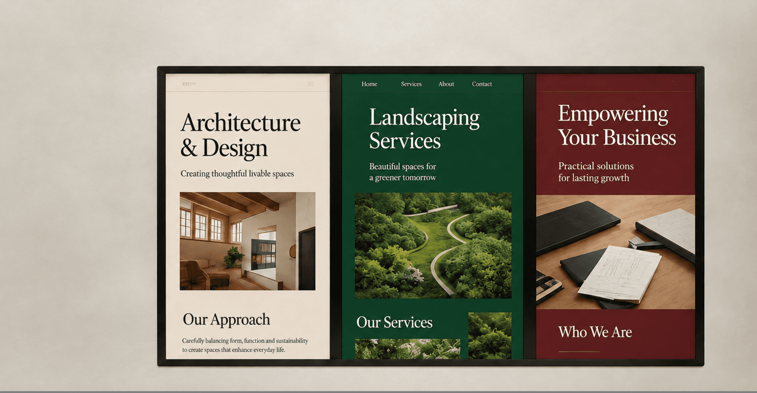 Three website concepts side by side on one desktop monitor