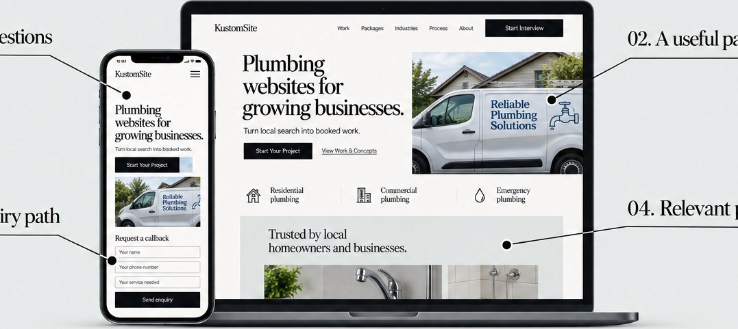 Annotated desktop and mobile plumbing website concept, showing the decisions an industry page makes