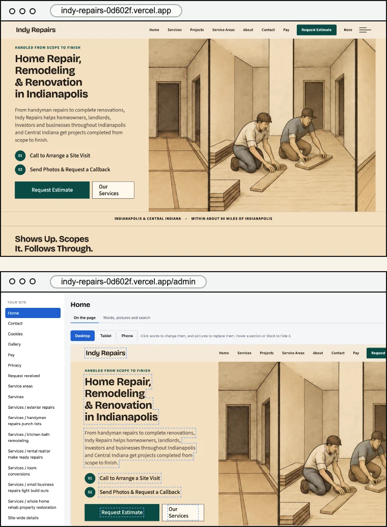 The Indy Repairs website above its admin, where the owner edits the same page's words and pictures in place