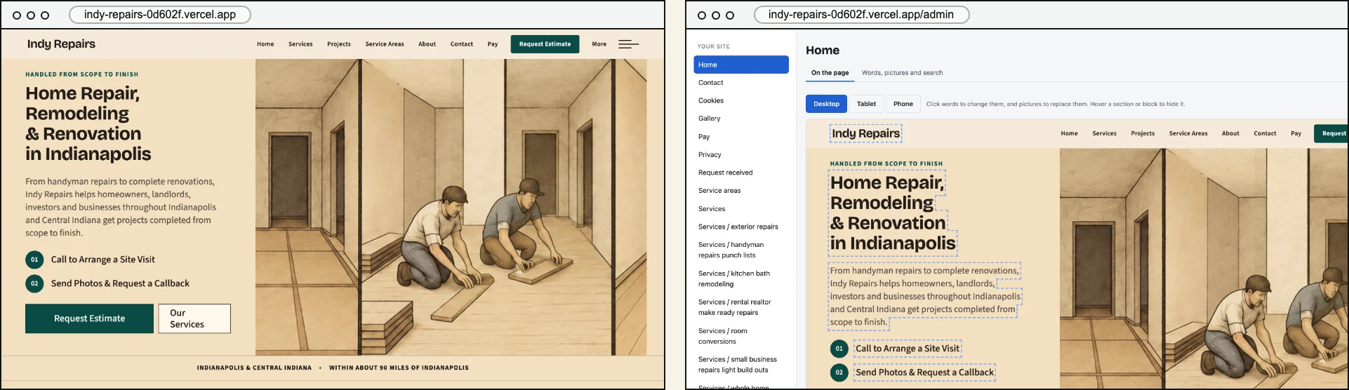 The Indy Repairs website as a visitor sees it, beside its admin, where the owner edits the same page's words and pictures in place