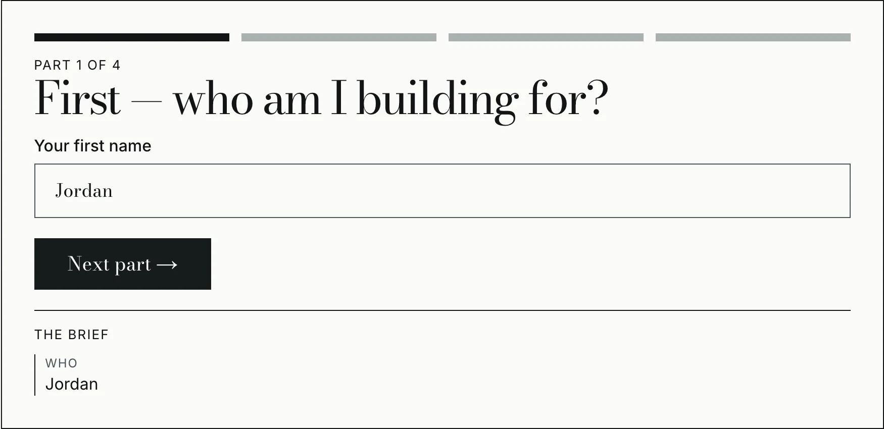 The KustomSite website interview: part 1 of 4, “First — who am I building for?”, with the brief filling in under it