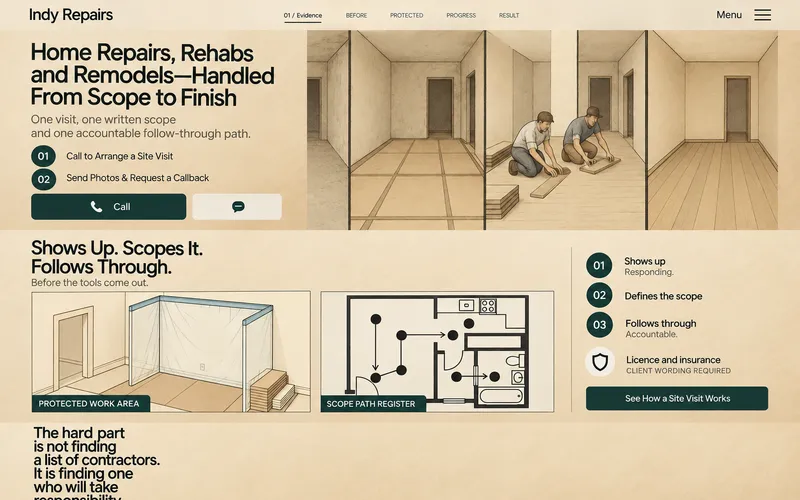 The Indy. Repairs website, its approved design on a desktop and a phone