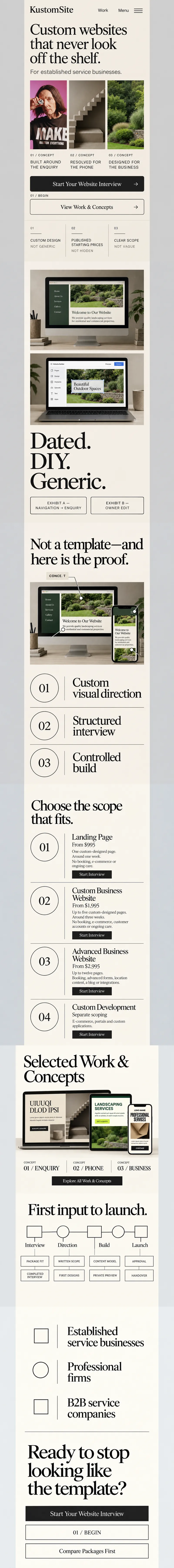 KustomSite, the approved homepage design: The Common Baseline, mobile design