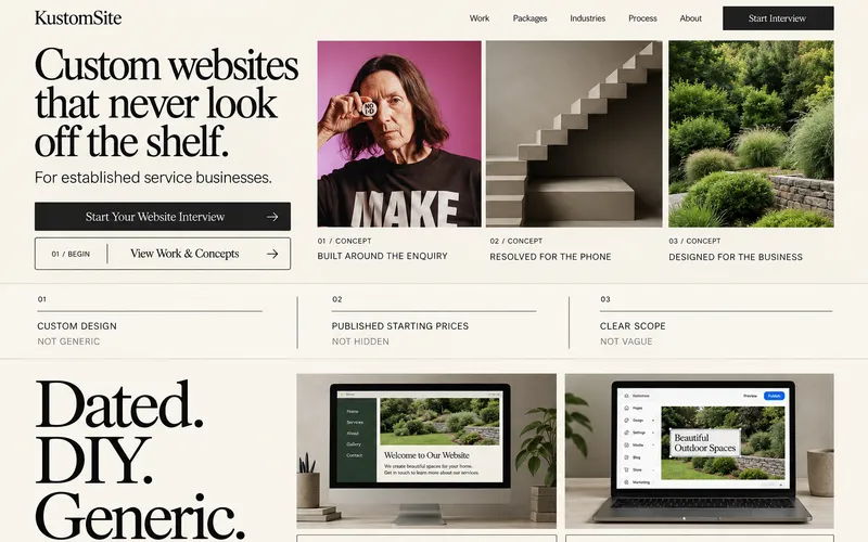 The KustomSite website, its approved design on a desktop and a phone