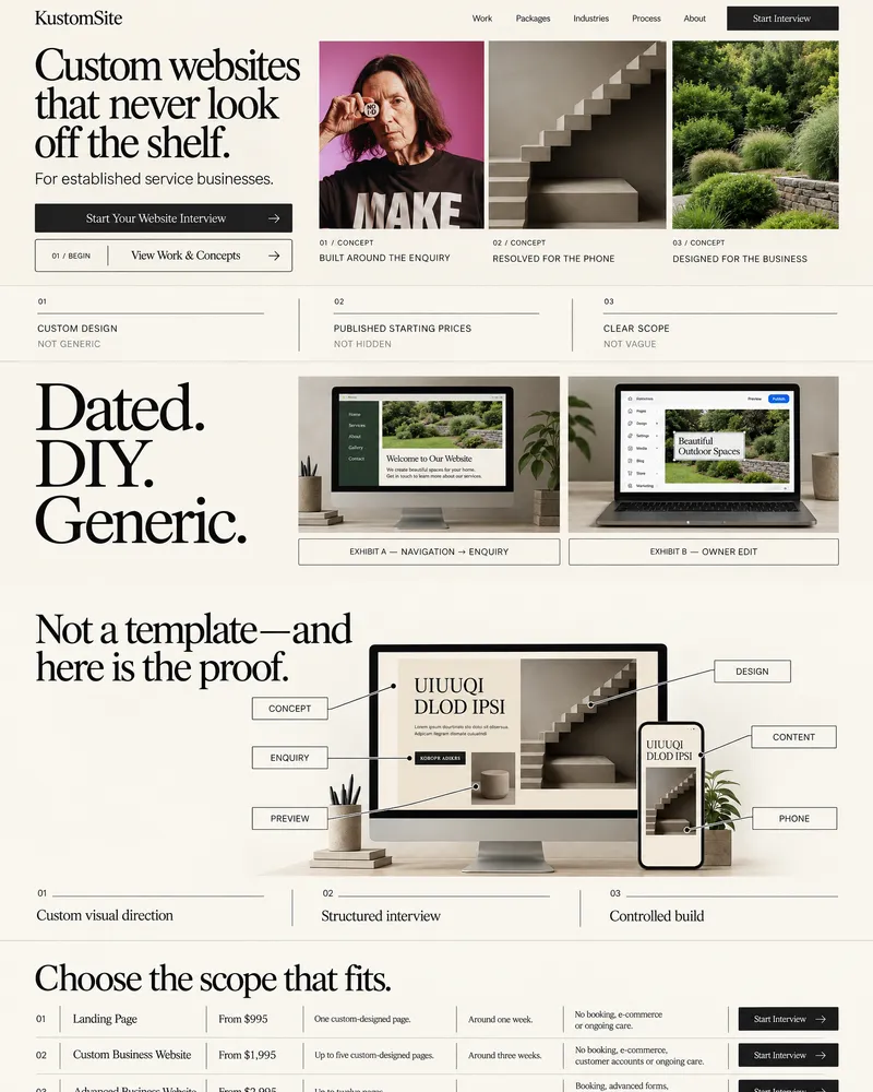 The KustomSite website, its approved design on a desktop and a phone